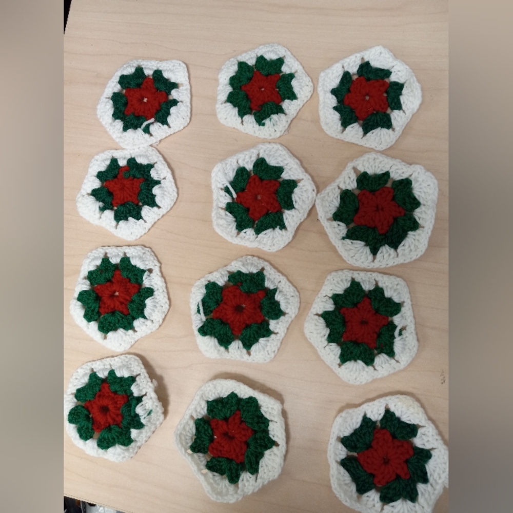 Set of 12 Handmade Floral Crocheted Christmas Holiday Coasters Decor Patchwork